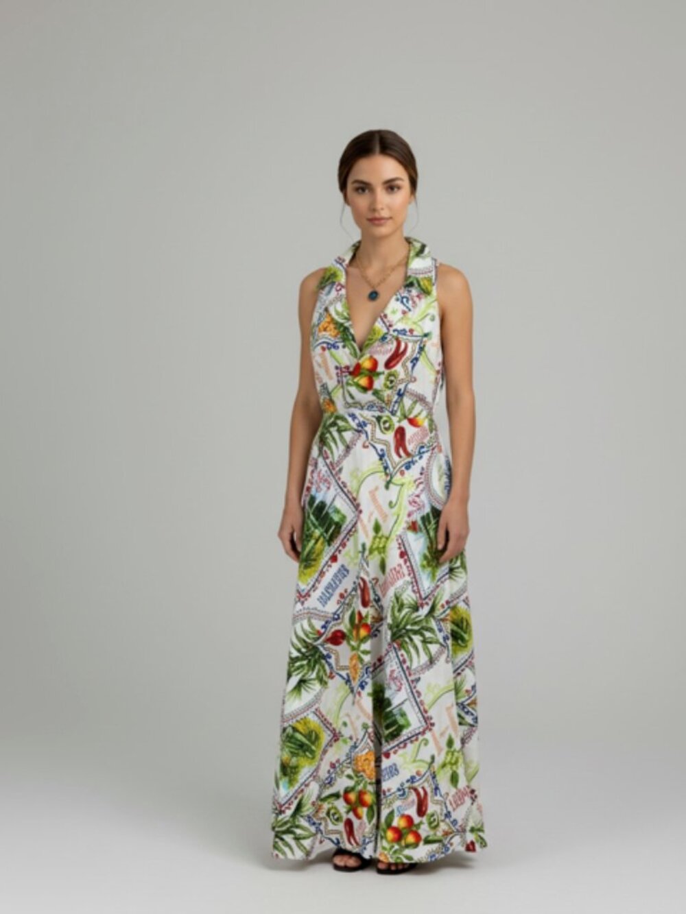 TRULY 4 YOU Fruit Postcard Print Sleeveless Maxi Dress M Tropical Resort
